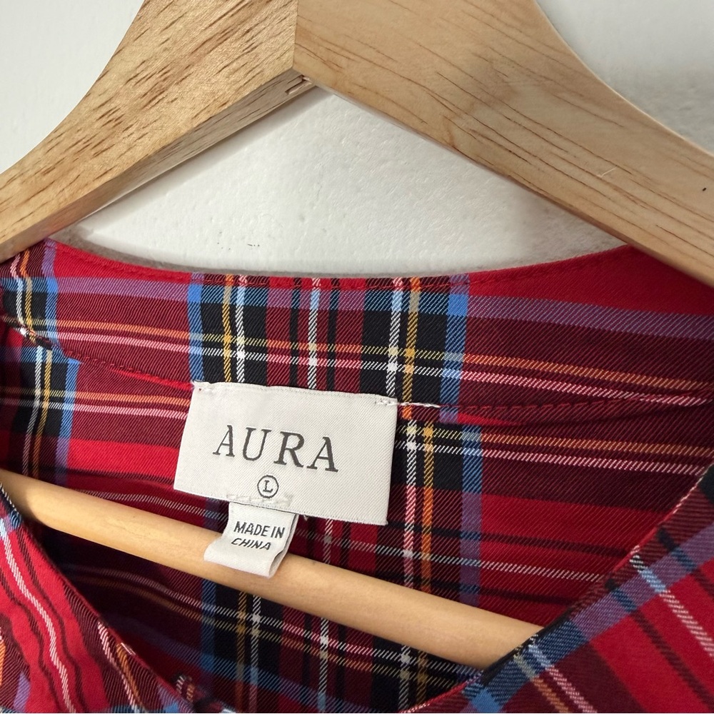 Aura Dramatic Ruffle Tartan Plaid Checkered Blouse in red size large - Picture 3 of 8